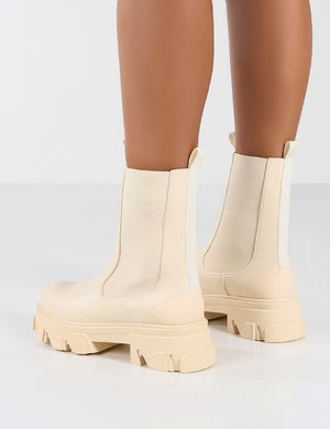 Amber x Public Desire Wonder Cream PU Pocket Chunky Sole Ankle Boot