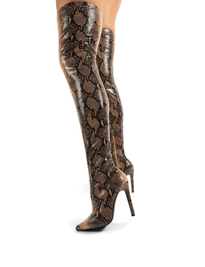 Kimana Tan Snakeskin Heeled Over the Knee Boots Public Desire