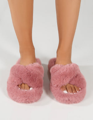 Fluffy Light Pink Faux Fur Cross Over Slipper