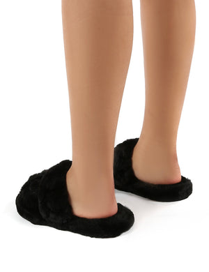 Minky Black Fluffy Double Strap Slippers
