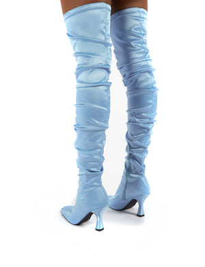 Outlaw Blue Ruched Over The Knee Heeled Boots