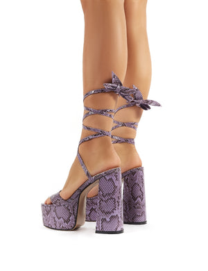 Brave Lilac Snakeskin Platform Lace Up Block High Heels
