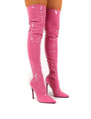 Confidence Pink Patent Stiletto Heeled Over The Knee PU Boots