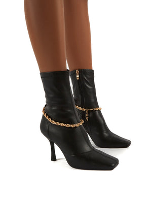 Sacci Black Wide Fit Chain Detail Square Toe Stiletto Heel Ankle Boots