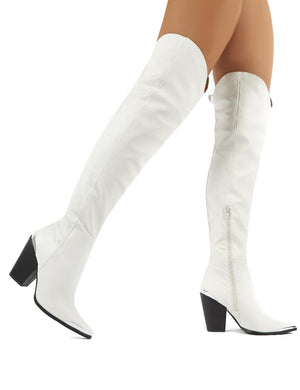 Honor White Western Block Heeled Knee High Boots | Public Desire