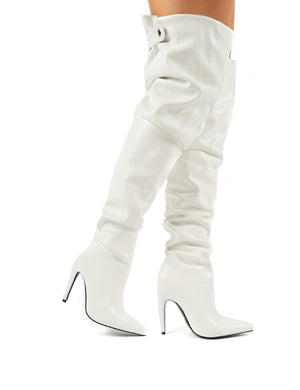 Impulse White PU Slouch Stiletto Heeled Over the Knee Boots
