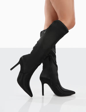 Best Believe Black Satin Pointed Toe Stiletto Heeled Knee High Boots