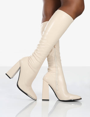 Caryn Stone PU Knee High Block Heeled Boots