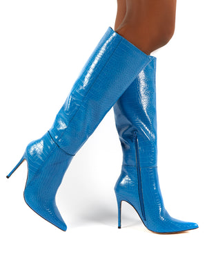 Aimi Blue Croc Knee High Stiletto Heel Boots