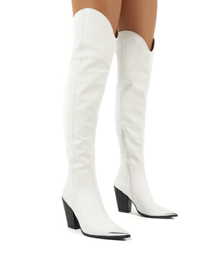Honor White Western Block Heeled Knee High Boots | Public Desire