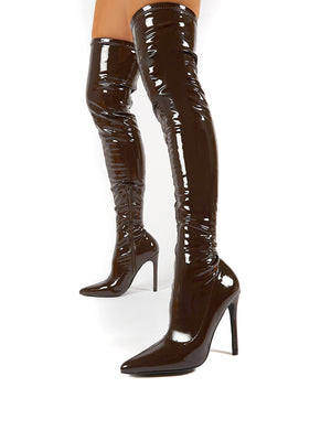 Confidence Chocolate Patent Stiletto Heeled Over The Knee PU Boots