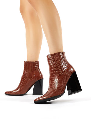 Brianna Tan Croc Block Heeled Pointed Ankle Boots