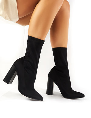 Libby Flared Heel Sock Fit Ankle Boots in Black Stretch Public Desire