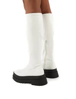 Haunt White PU Knee High Chunky Sole Boots
