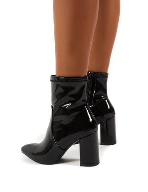 Raya Pointed Toe Ankle Boots in Black Patent