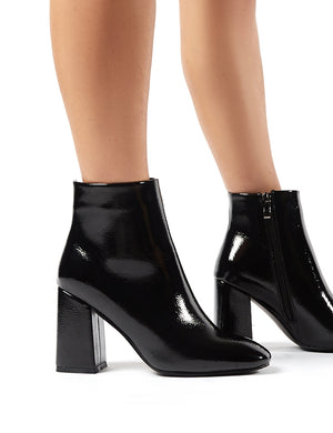 Aimee Black Crinkle Patent Square Toe Block Heeled Ankle Boots