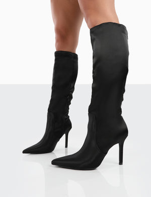 Best Believe Black Satin Pointed Toe Stiletto Heeled Knee High Boots