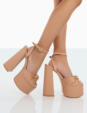 Knot On Nude Pu Knotted Platform High Heeled Sandals