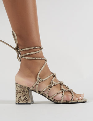 Freya Knotted Strappy Block Heeled Sandals in Natural Snakeskin