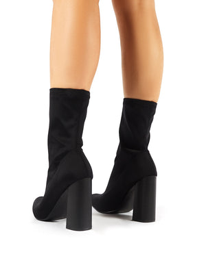 Libby Flared Heel Sock Fit Ankle Boots in Black Stretch