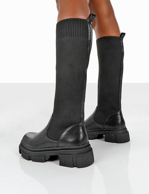Carm Black Knit Knee High Chunky Sole Boots