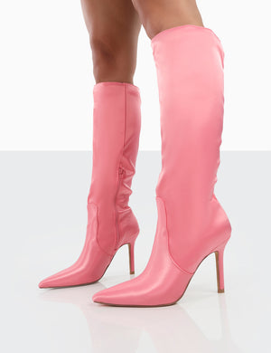 Best Believe Pink Satin Pointed Toe Stiletto Heeled Knee High Boots