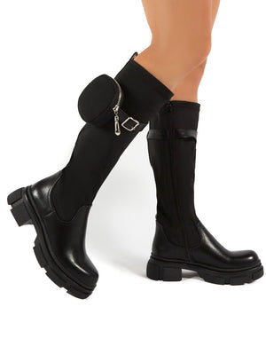 Generate Black Chunky Sole Knee High Pouch Boots