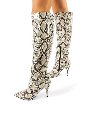 Nicole Snakeskin Slouch Knee High Boots Public Desire