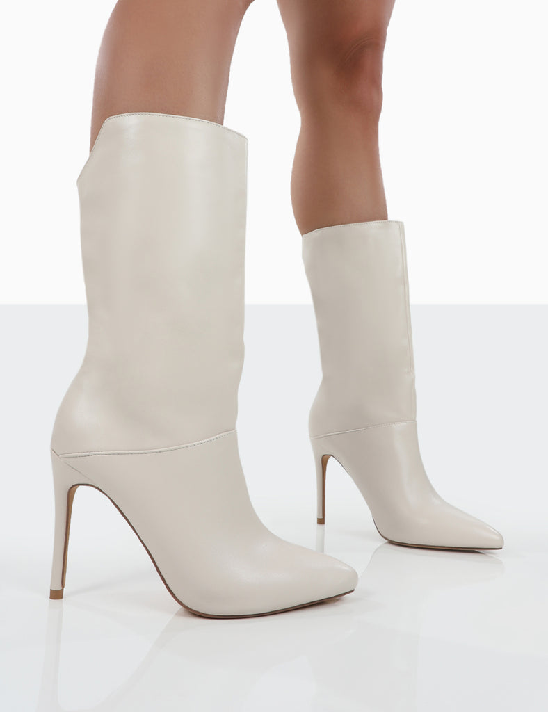 Lisel Ecru PU Pointed Toe Heeled Ankle Boots | Public Desire