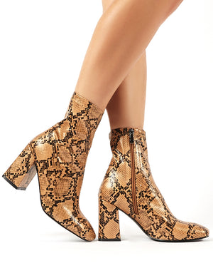 Addict Tan Snakeskin Sock Fit Block Heeled Ankle Boots Public Desire