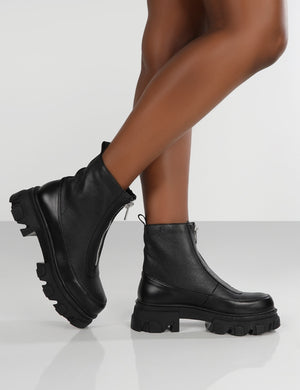 Direction Black Pu Zip Front Platform Chunky Sole Ankle Boot