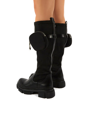 Generate Black Chunky Sole Knee High Pouch Boots