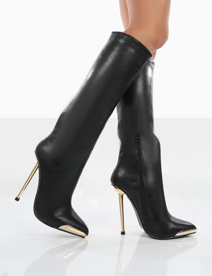 Tala Black PU Pointed Toe Stiletto Heel Knee High Boots