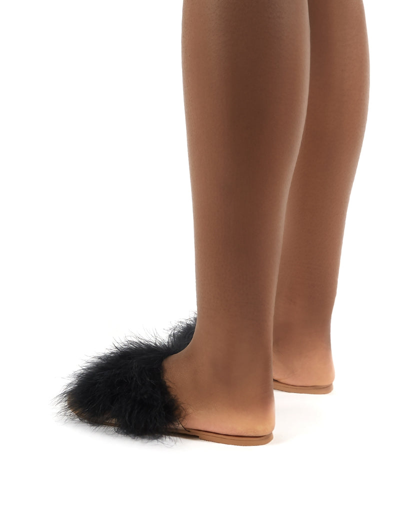 Black feather top flat sandals