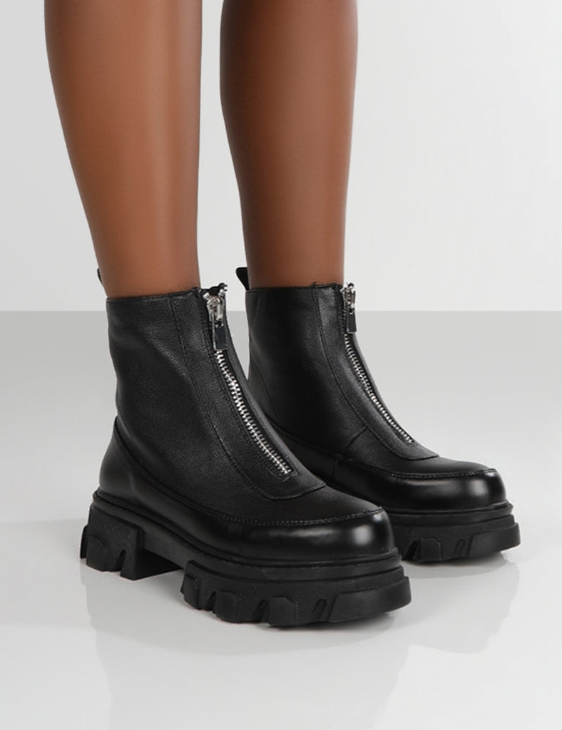 Direction Black Pu Zip Front Chunky Sole Ankle Boot Public Desire