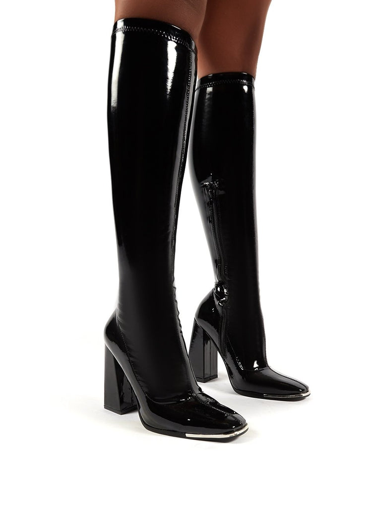 Caryn Black Vinyl Wide Fit Block Heeled Knee High Boots Public Desire