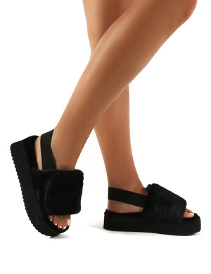 Funky Black Platform Chunky Sole Velcro Strap Slippers