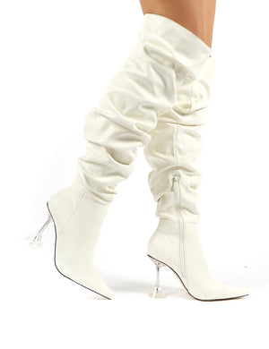 Adalee White PU Statement Heeled Slouch Over the Knee Boots