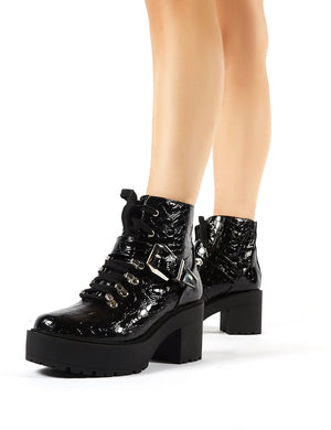 Attitude Black Patent Croc Chunky Sole Heeled Ankle Boots