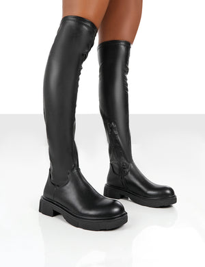 Lioness Black Pu over the Knee Chunky Sole Long Boots