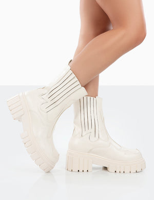 Consequence Ecru Drench Stitched Detail Platform Chunky Sole Ankle Boots