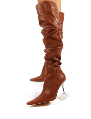 Adalee Tan PU Statement Heeled Slouch Over the Knee Boots