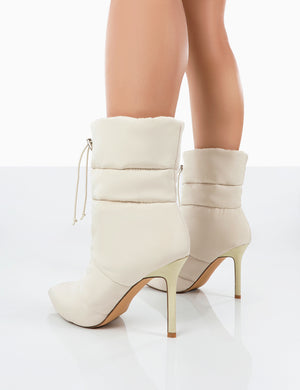 Kenza x Public Desire Reset Beige Nylon Stiletto Padded Heeled Ankle Boots
