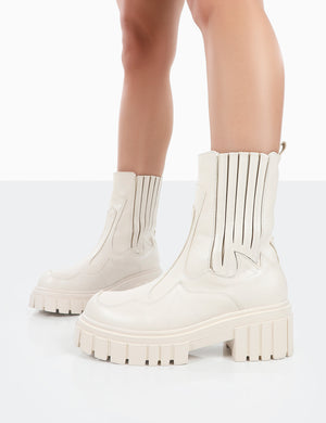 Consequence Ecru Drench Stitched Detail Platform Chunky Sole Ankle Boots
