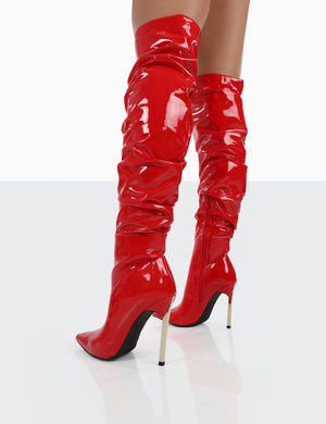 Energy Red Patent Pointed Toe Over The Knee Heeled Boots