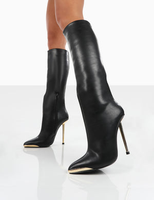 Tala Black PU Pointed Toe Stiletto Heel Knee High Boots