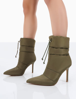 Kenza x Public Desire Reset Green Nylon Stiletto Padded Heeled Ankle Boots