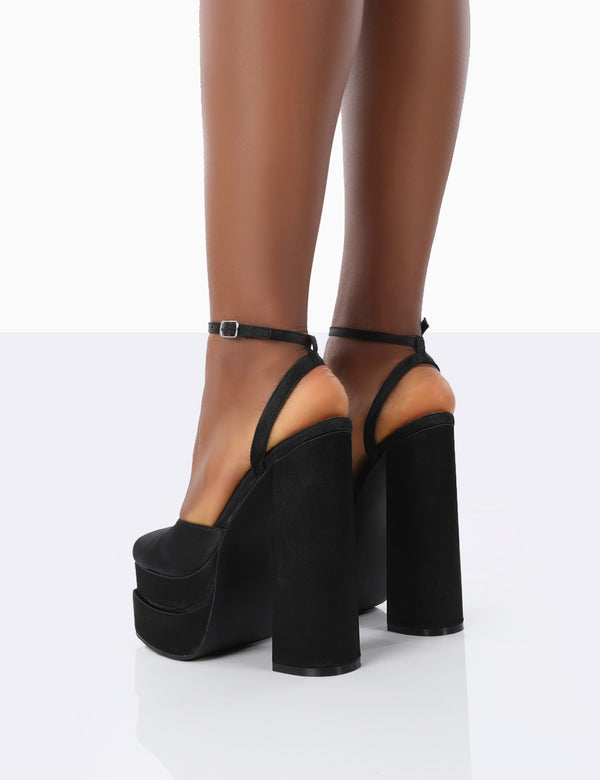 Moonchild Black Satin Closed Toe Statement Platform Block Heels