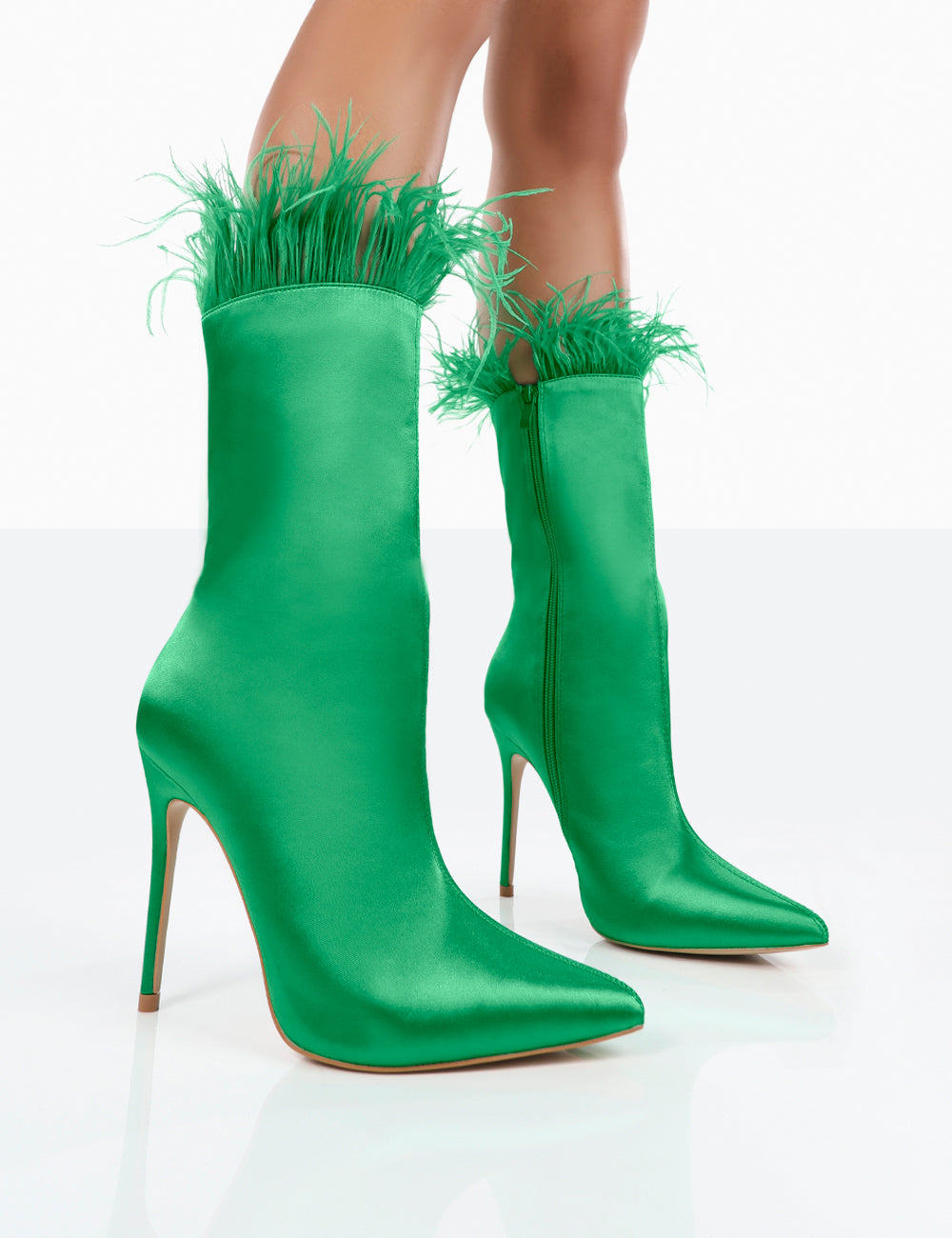 Out Out Green Satin Pointed Toe Faux Feather Ankle Boots Public