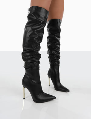Energy Black PU Pointed Toe Over The Knee Heeled Boots